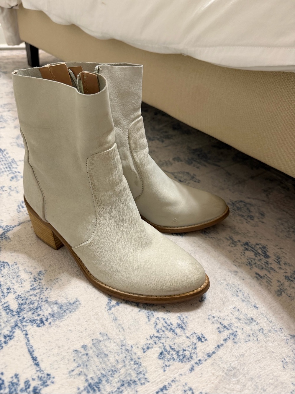 Cream Leather Mid-Calf Ankle Boots with Stacked Heel